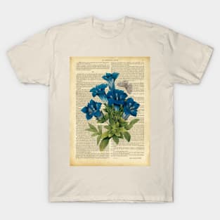 Botanical print, on old book page - garden flowers and butterfly T-Shirt